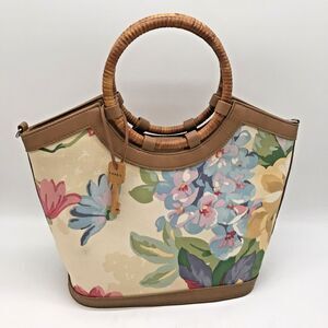 Fossil Hibiscus Boat Double Bamboo Handle  Bag Floral Purse 75082 Key Charm